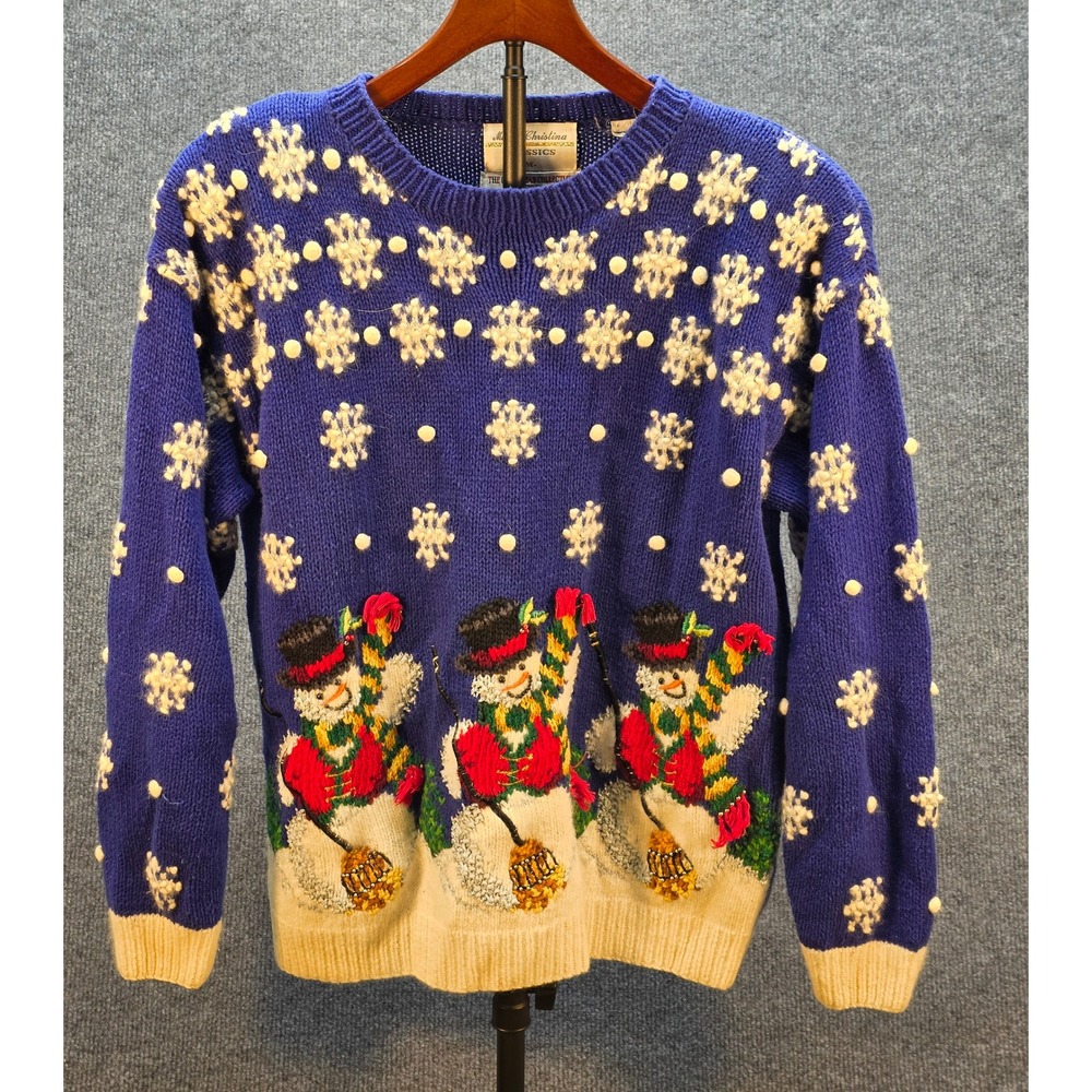 Marisa Christina Snowman Sweater Womens Vintage 1994 Holiday Blue M EUC Festive